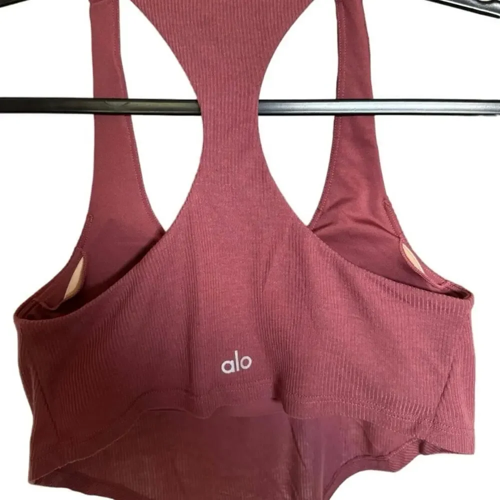 Alo Yoga Knot Tank Cropped Bra Scoop Neck Racerback Ribbed In Pink Size XS